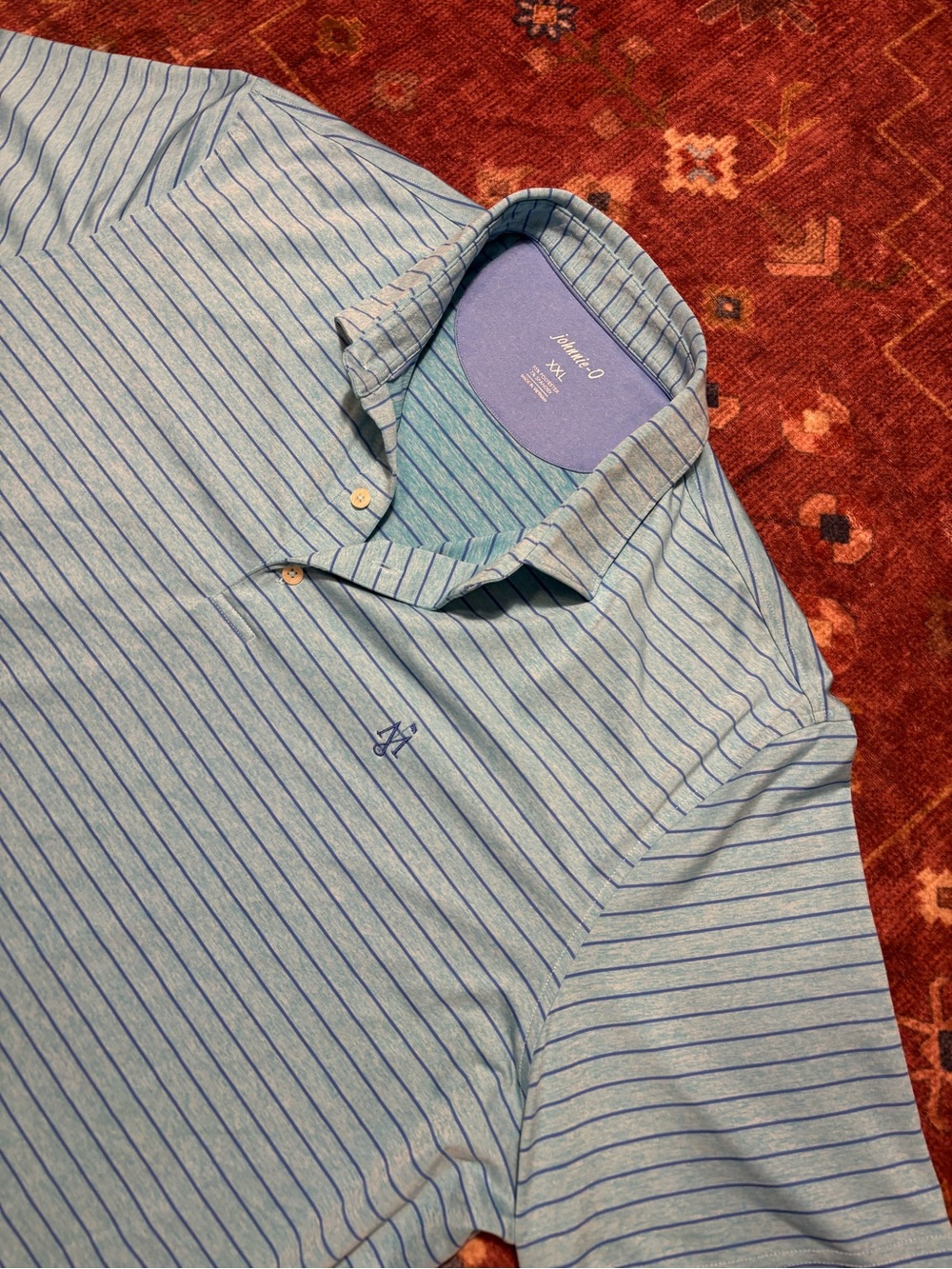 johnnie-O Mens XXL Blue Striped Short Sleeve Collared Polo Embroidered Logo